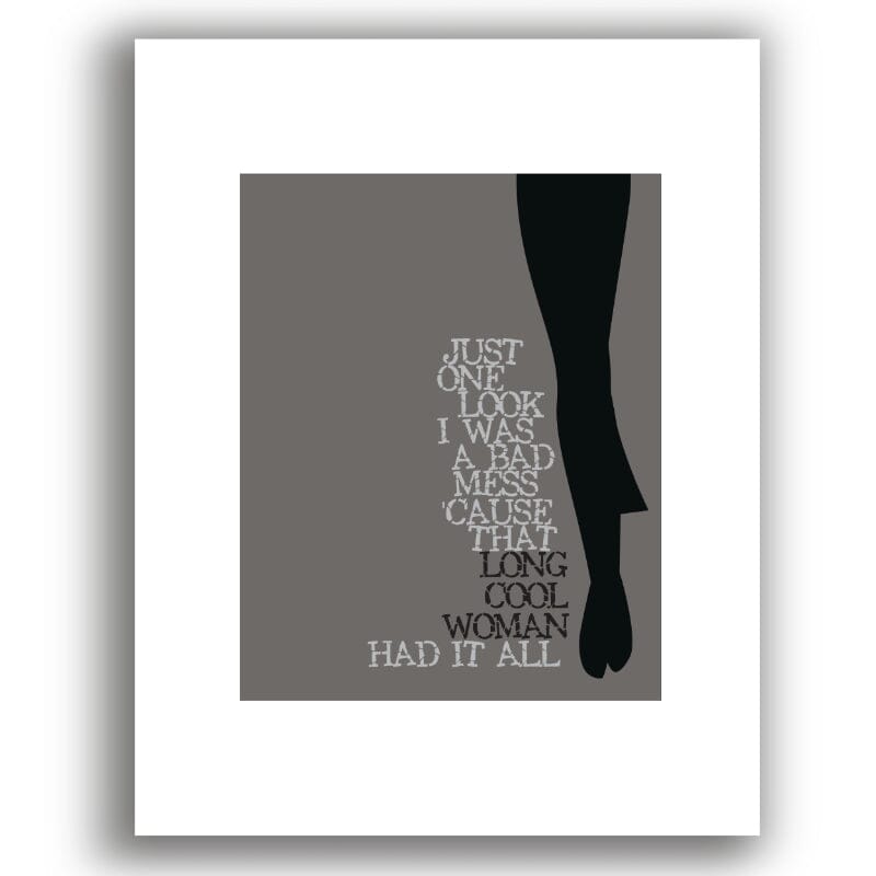 Long Cool Woman by the Hollies - Lyrically Inspired 70s Art Song Lyrics Art Song Lyrics Art 8x10 White Matted Print