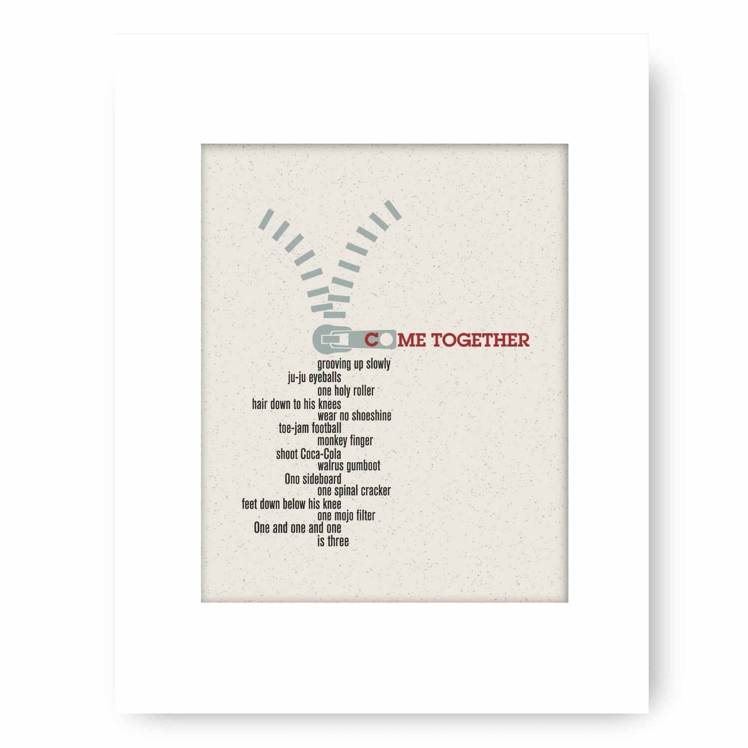 Come Together by the Beatles - Song Lyric Art Wall Print Song Lyrics Art Song Lyrics Art 8x10 White Matted Print 